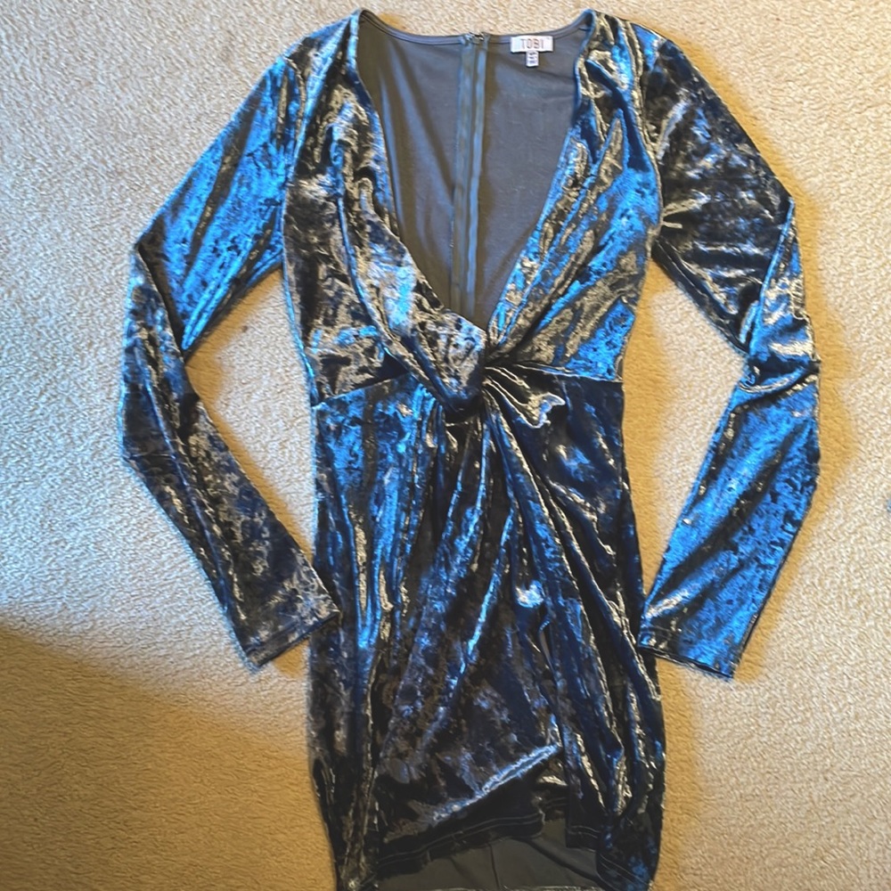 Silver-blue velvet dress perfect for New Years